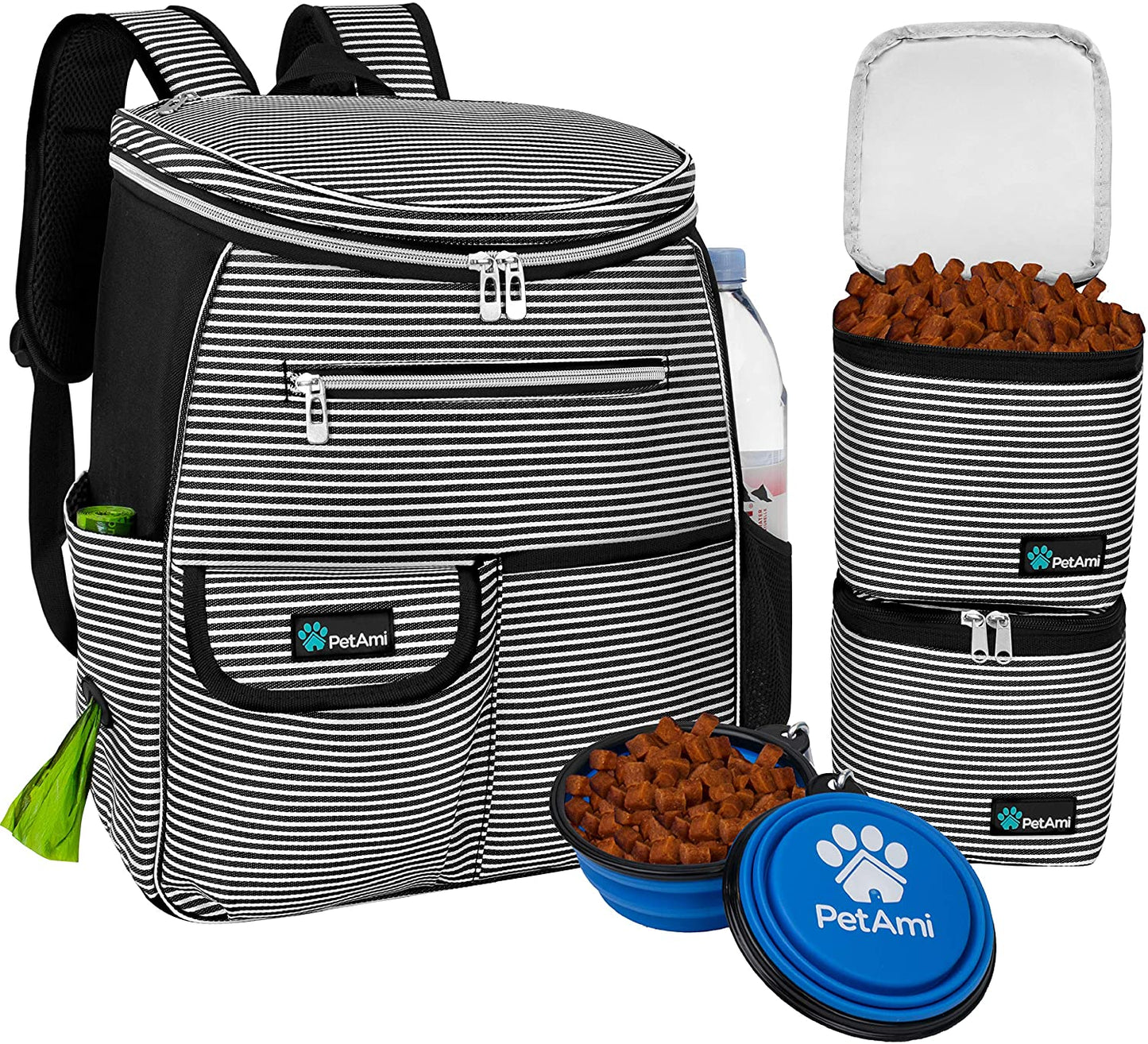 Airline-Approved Dog Travel Backpack with Diaper Supplies, Camping Essentials, Hiking Accessories, Food Container, and Collapsible Bowls in Black Stripe