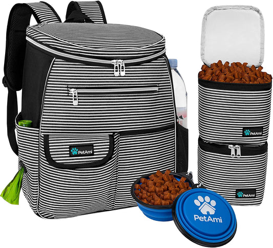 Airline-Approved Dog Travel Backpack with Diaper Supplies, Camping Essentials, Hiking Accessories, Food Container, and Collapsible Bowls in Black Stripe