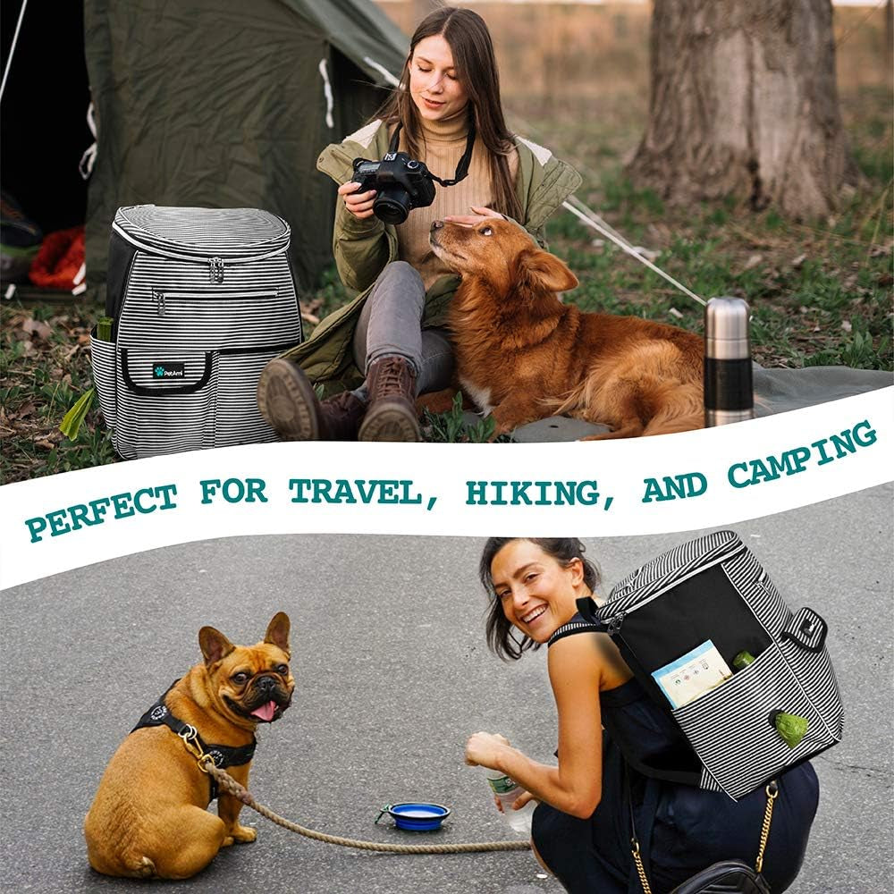 Airline-Approved Dog Travel Backpack with Diaper Supplies, Camping Essentials, Hiking Accessories, Food Container, and Collapsible Bowls in Black Stripe
