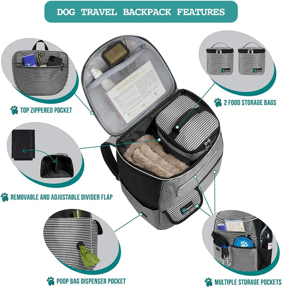 Airline-Approved Dog Travel Backpack with Diaper Supplies, Camping Essentials, Hiking Accessories, Food Container, and Collapsible Bowls in Black Stripe