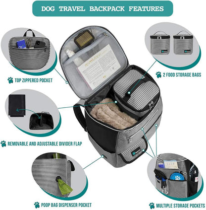 Airline-Approved Dog Travel Backpack with Diaper Supplies, Camping Essentials, Hiking Accessories, Food Container, and Collapsible Bowls in Black Stripe