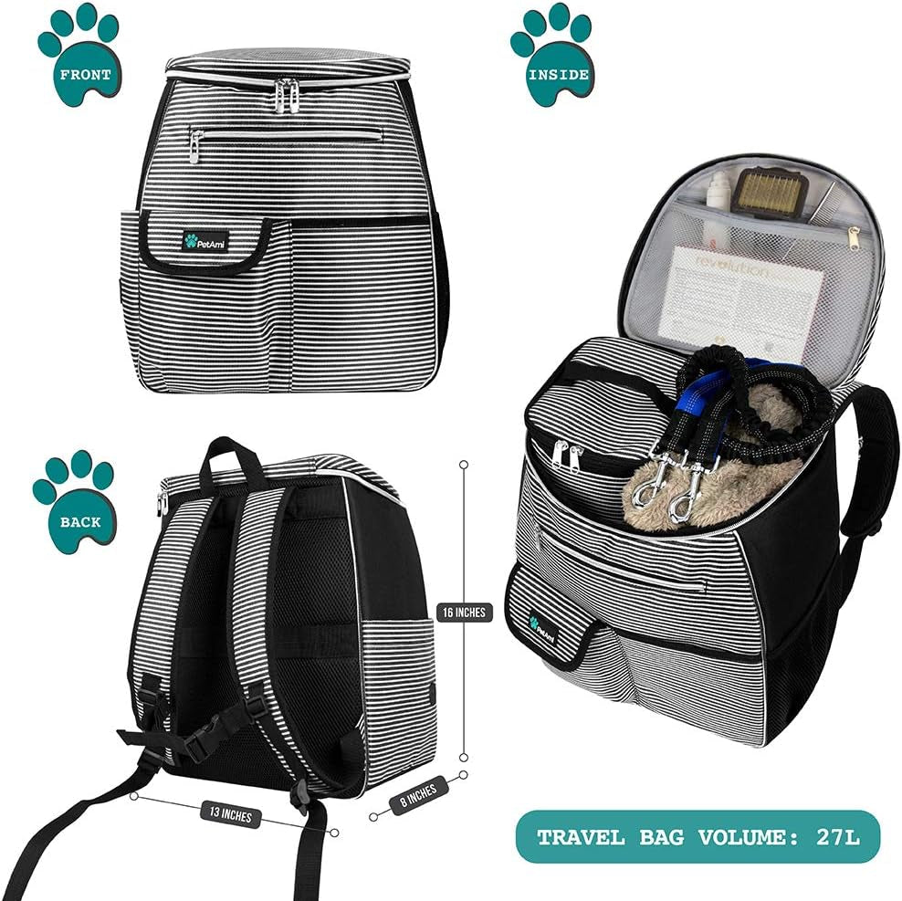 Airline-Approved Dog Travel Backpack with Diaper Supplies, Camping Essentials, Hiking Accessories, Food Container, and Collapsible Bowls in Black Stripe