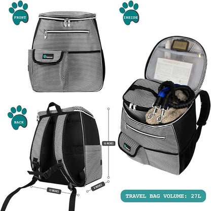Airline-Approved Dog Travel Backpack with Diaper Supplies, Camping Essentials, Hiking Accessories, Food Container, and Collapsible Bowls in Black Stripe