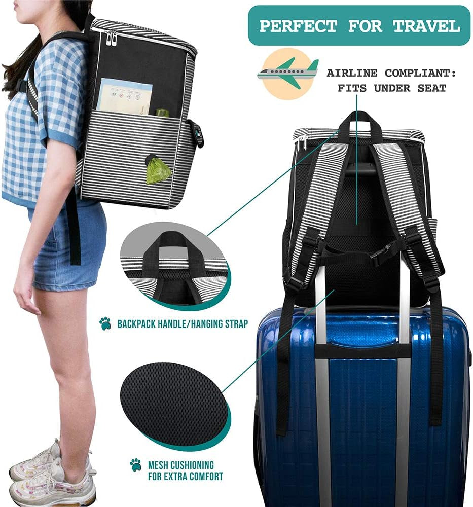 Airline-Approved Dog Travel Backpack with Diaper Supplies, Camping Essentials, Hiking Accessories, Food Container, and Collapsible Bowls in Black Stripe